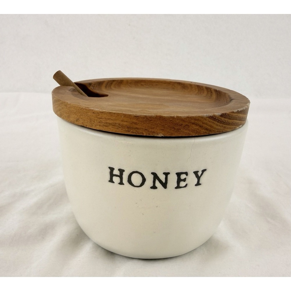 Honey Pot Jar Hearth & Hand Magnolia Farmhouse Stoneware w Wood Lid Dipper